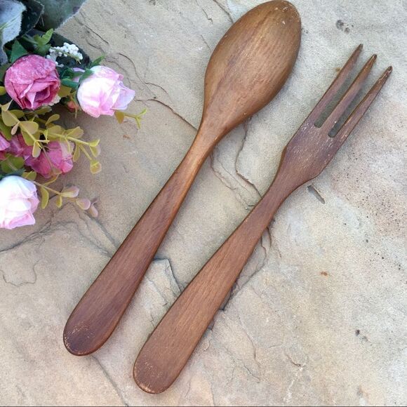 Vintage Hardwood Spoon Fork Salad Serving Decorative Utensil Set - Picture 5 of 13